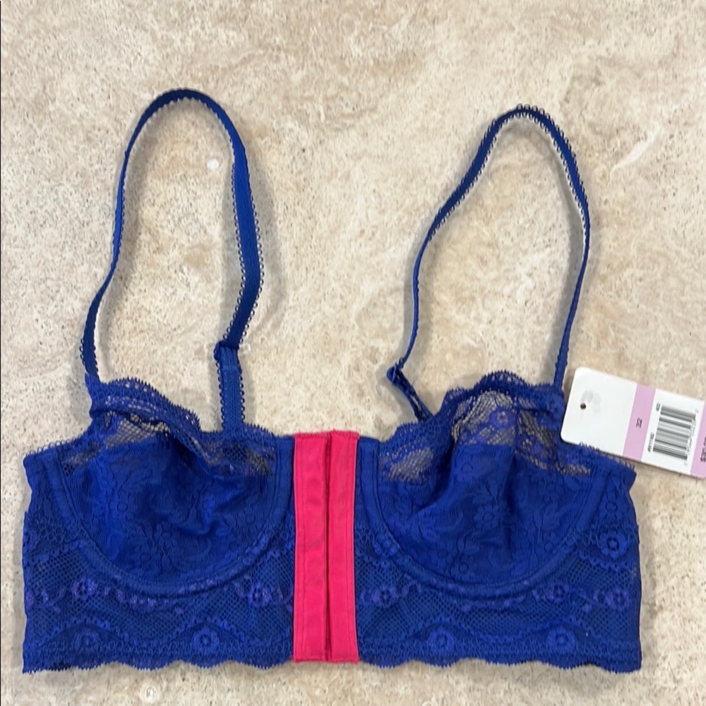 Blue and Pink Lace Bralette with Scalloped Trim